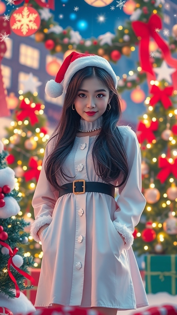 K-Pop idol in a festive setting with Christmas decorations and lights.